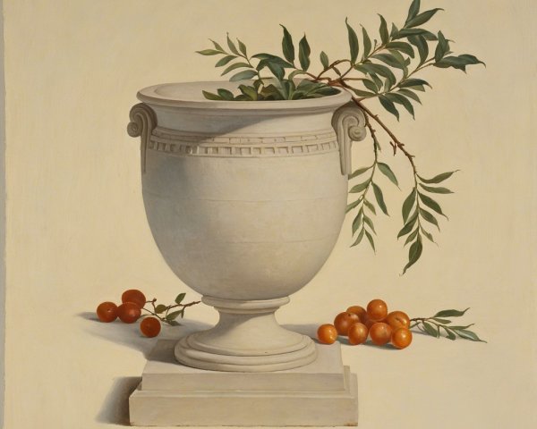 Classical White Urn with Green Leaves and Orange Fruits