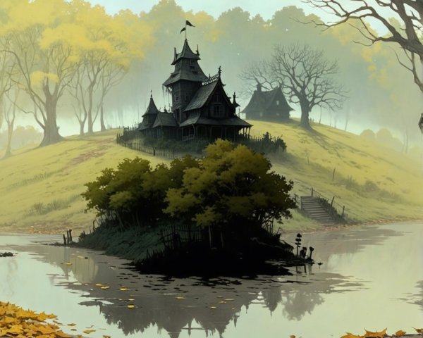 Gothic Mansion Surrounded by Autumn Landscape and Lake