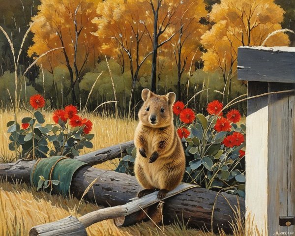 Quokka on Log Surrounded by Autumn Foliage and Flowers