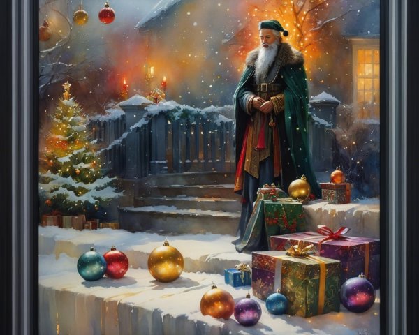 Oil Painting of Father Christmas on Snowy Steps