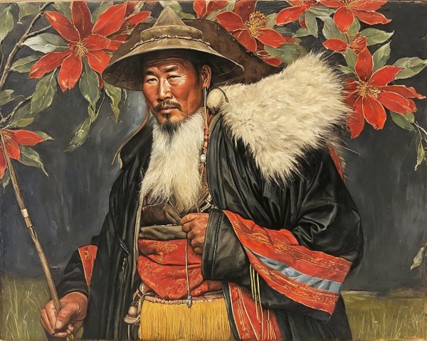 Traditional Attire of a Robust Man with Floral Backdrop