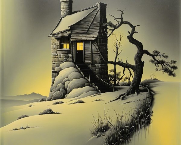Weathered Stone House on Snow-Covered Hill at Twilight
