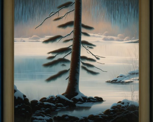 Art Nouveau Winter Landscape with Pine Tree and Snow