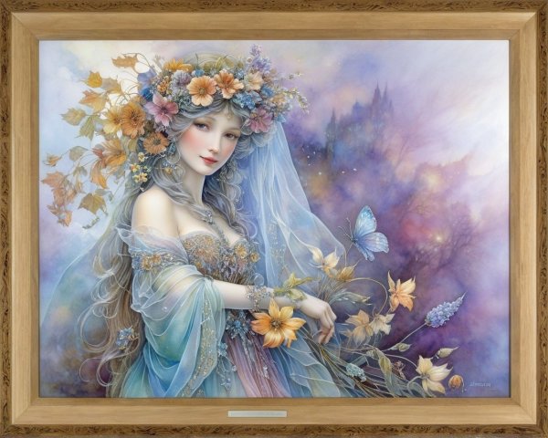 Ethereal Woman in Floral Crown and Pastel Setting