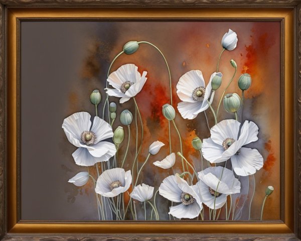 Delicate White Poppies Against Abstract Warm Background