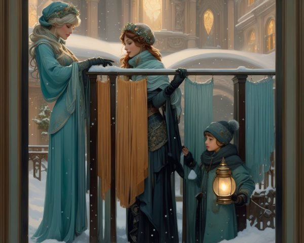 Three Figures on a Balcony Overlooking a Winter Town