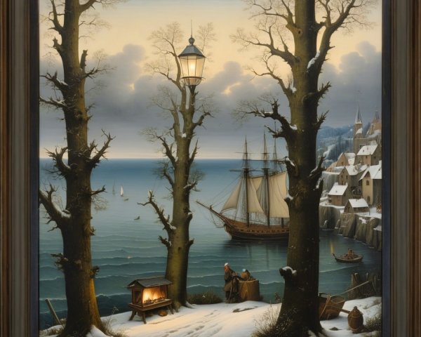 Coastal Winter Scene with Trees and Sailing Ship