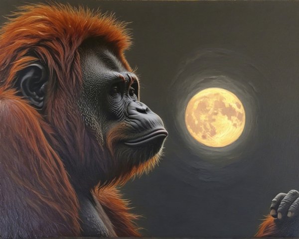 Orangutan Contemplating Full Moon in Dark Sky