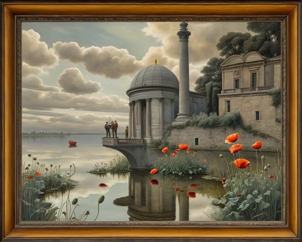 Serene Landscape with Classical Building and Poppies