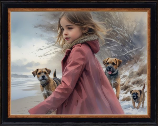 Digital Painting of Girl on Winter Beach with Dogs