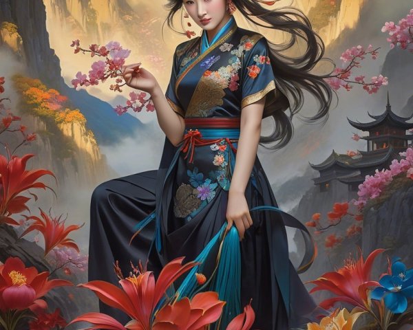 Traditional Kimono in Lush Mountainous Landscape