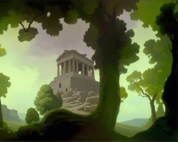 Ancient temple on rocky outcrop with lush surroundings