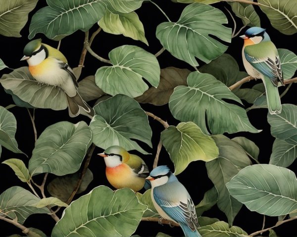 Colorful Birds Among Lush Green Leaves Arrangement