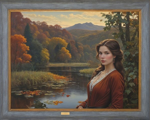 Serene Autumn Landscape with Woman in Brown Gown