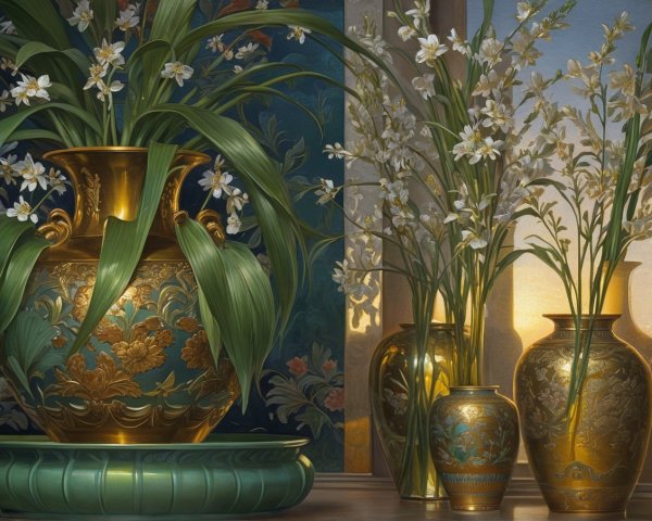 Ornate Vases with Floral Patterns in Soft Light Still Life