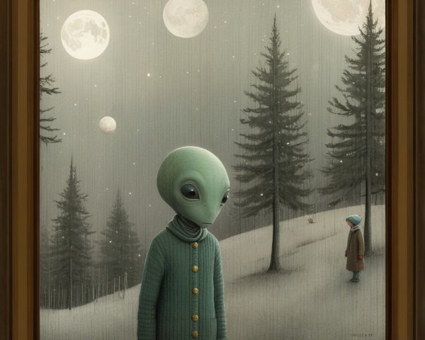 Cartoon Alien in Snowy Forest with Full Moons
