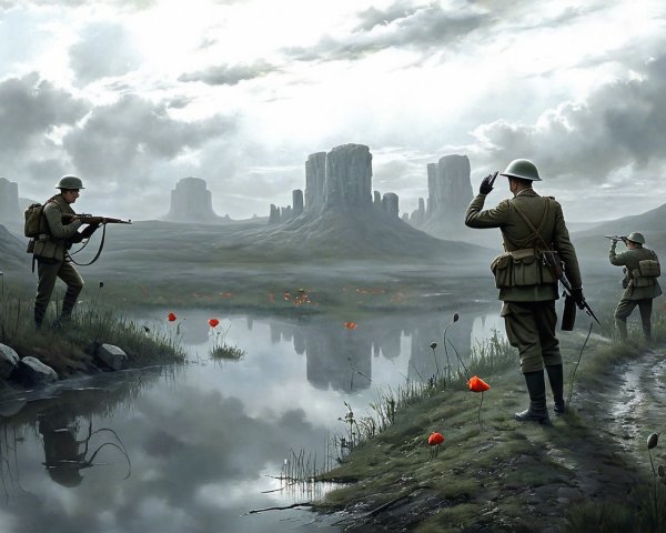 Soldiers in Historical Uniforms in Misty Landscape