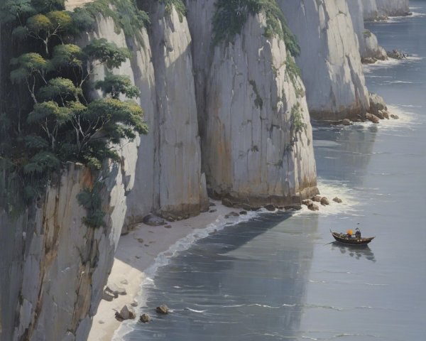 Coastal Scene with Cliffs, Village, and Calm Waters