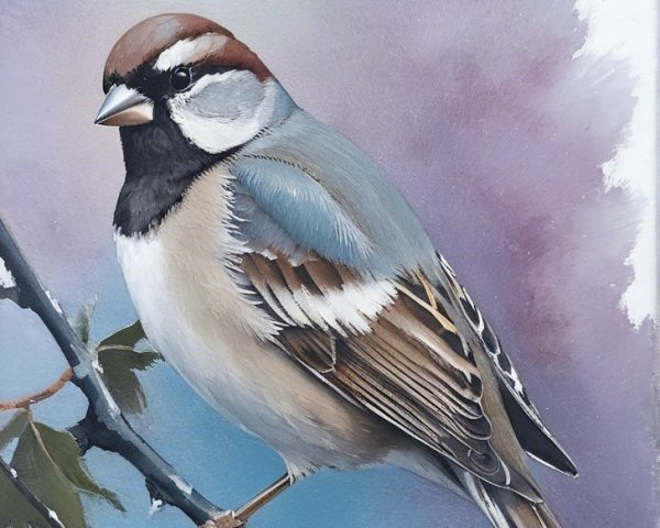 Detailed Bird on Branch with Soft Pastel Background