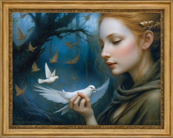 Young woman with dove in a tranquil forest setting