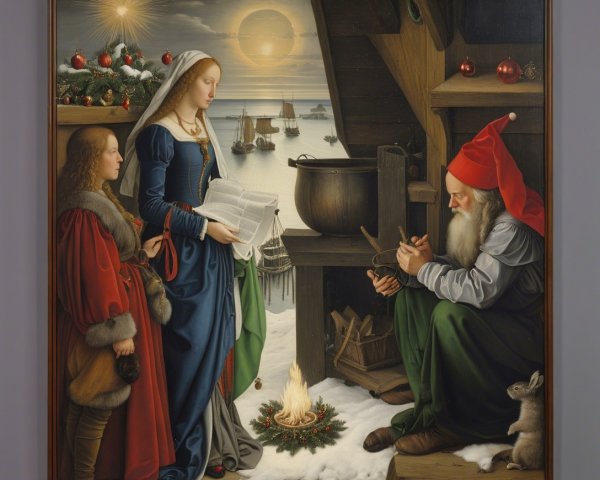 Classical Winter Scene in Rustic Hut Interior