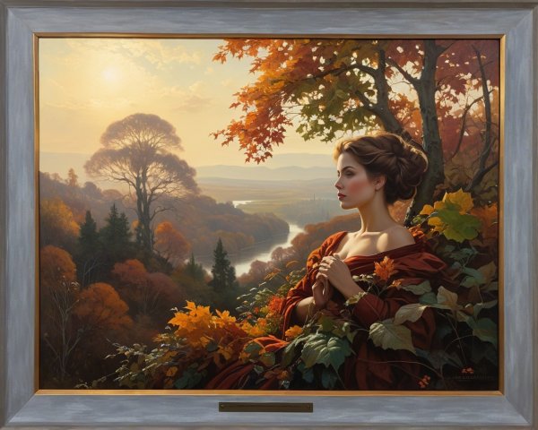 Autumn Landscape with Woman in Red Dress and Foliage