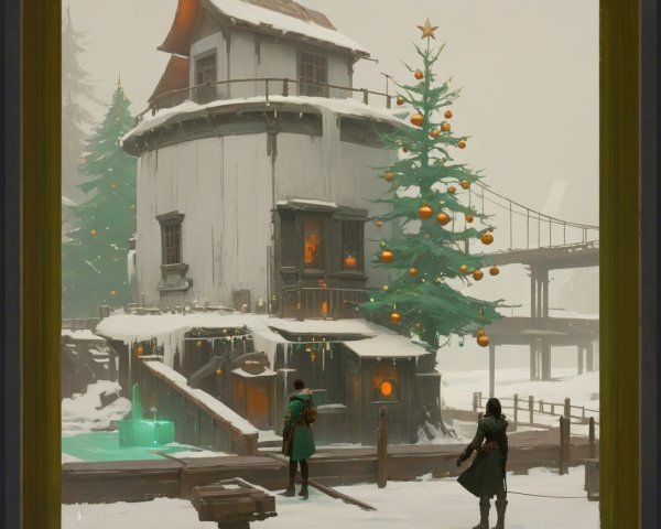 Anime Style Painting of Snowy Round House Scene