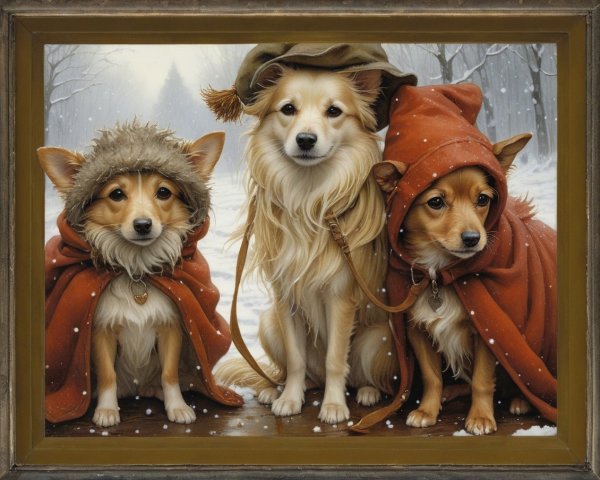Dogs in Snowy Forest with Unique Winter Attire