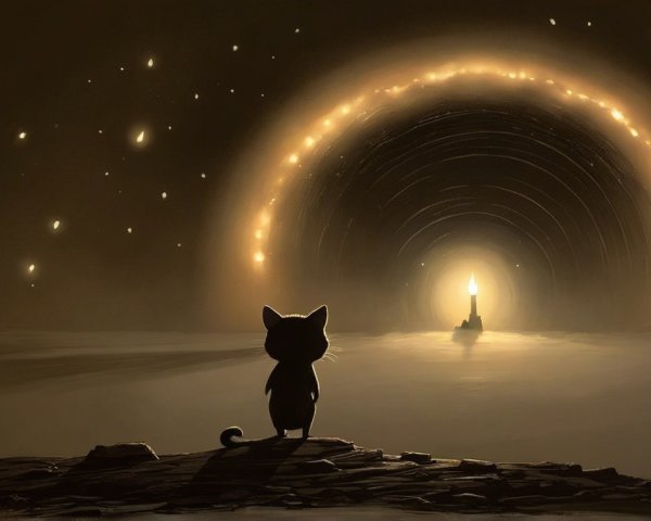 Silhouette of a Cat by a Glowing Circular Portal