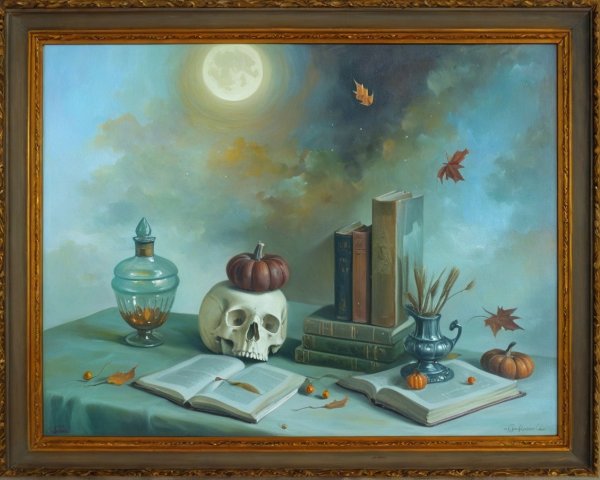 Still Life with Skull, Jar, Books, and Autumn Elements