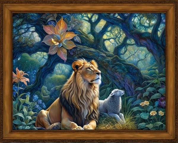 Lion and Sheep in a Vibrant Enchanted Forest