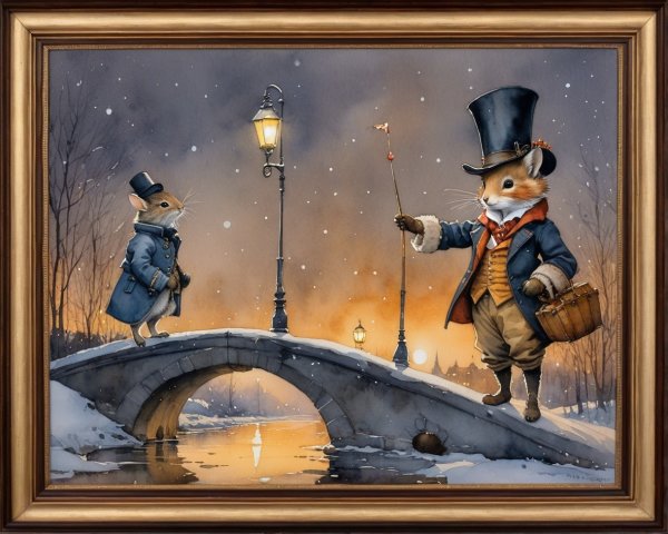 Victorian Mice on Snowy Bridge in Watercolor Painting
