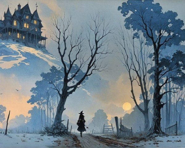 Witch Walking on Snowy Path to Eerie Mansion