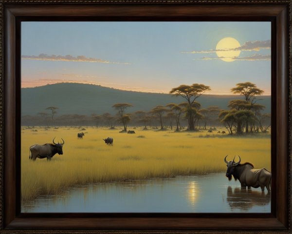 Wildebeest Herd in Savanna Landscape Oil Painting