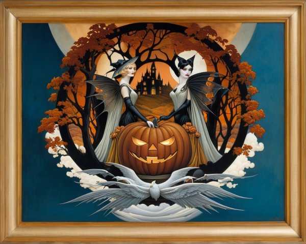 Whimsical Halloween Scene with Bat-Winged Figures