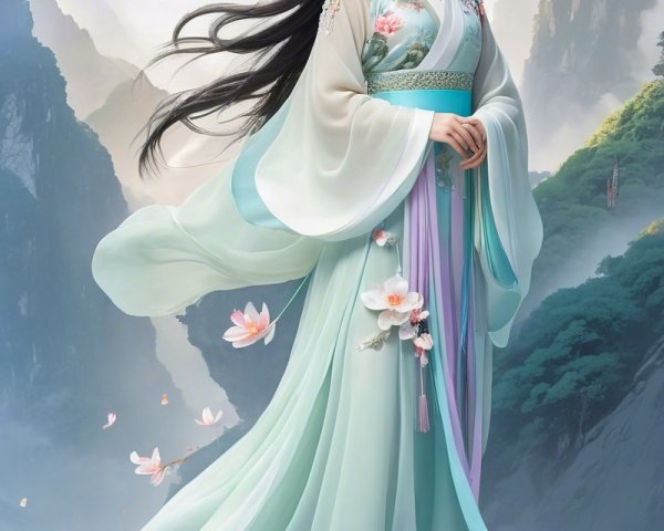 Graceful Woman in Mint-Green Traditional Dress