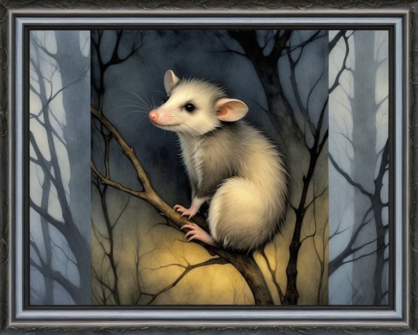 Close-up Artwork of Opossum in Misty Forest