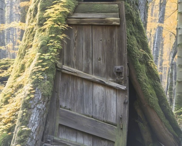 Wooden Door in Tree Stump Surrounded by Autumn Foliage