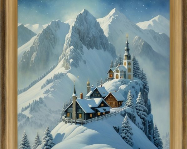 Oil Painting of a Snow-Covered Swiss Alpine Village