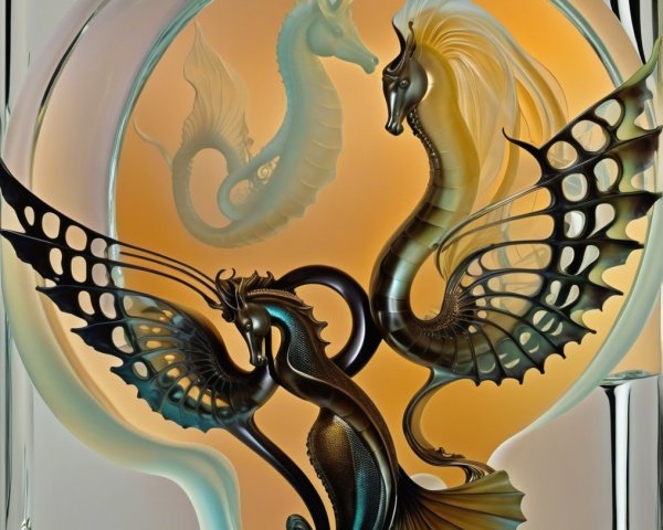 Abstract Art of Intertwined Sea Creatures and Seahorse
