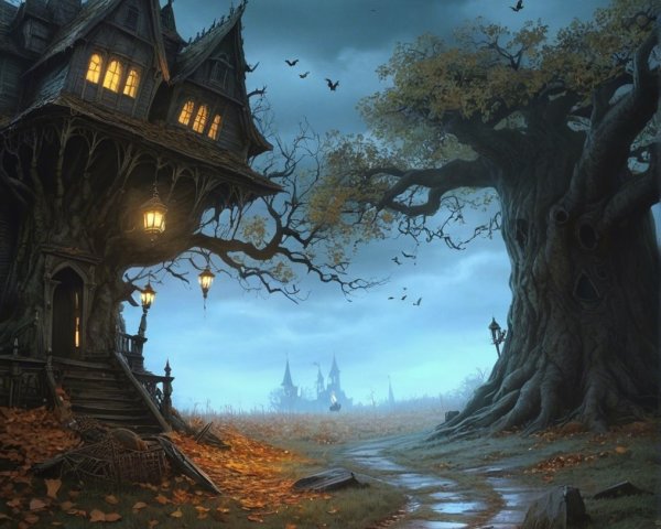Gothic Mansion Surrounded by Autumn Leaves and Mist