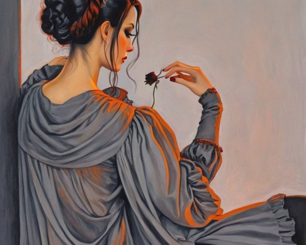 Elegant Woman in Gray Garment with Dark Rose