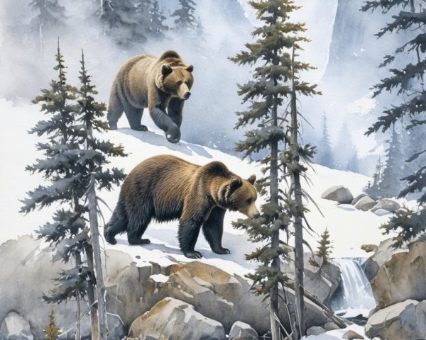 Grizzly Bears in a Snowy Mountain Landscape