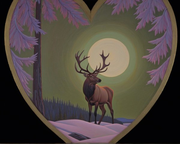 Heart-Shaped Painting of Deer in Snowy Landscape