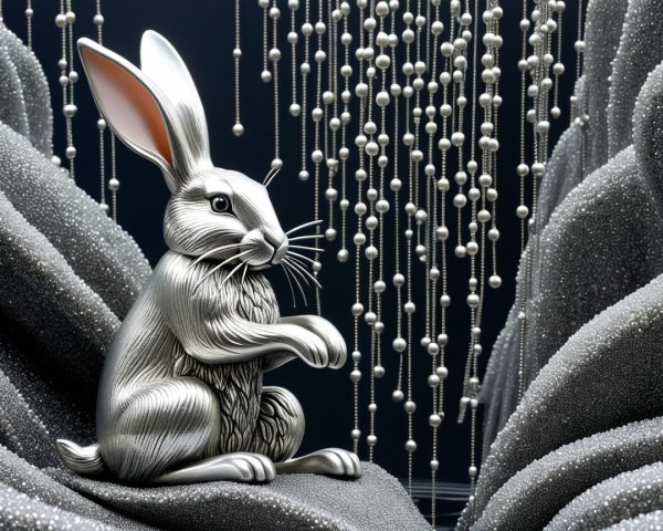 Metallic rabbit on textured grey surfaces with beads