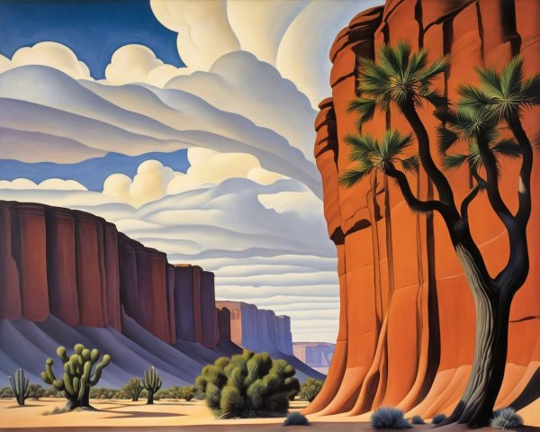 Desert Landscape with Red Cliffs and Palm Trees