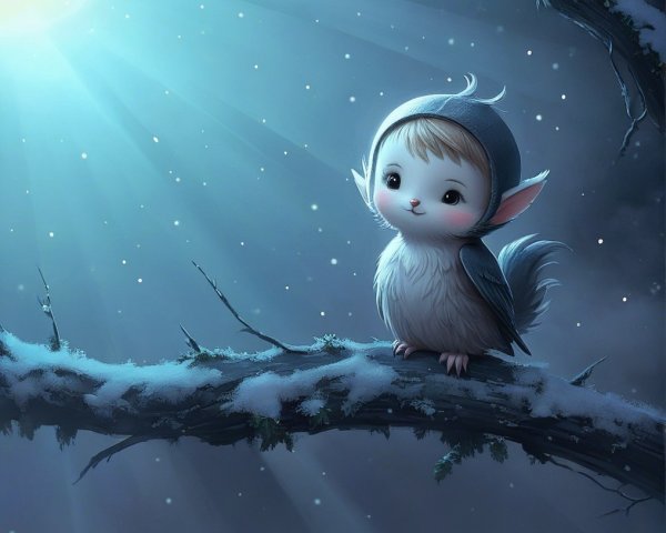 Whimsical creature on snow-dusted branch at night