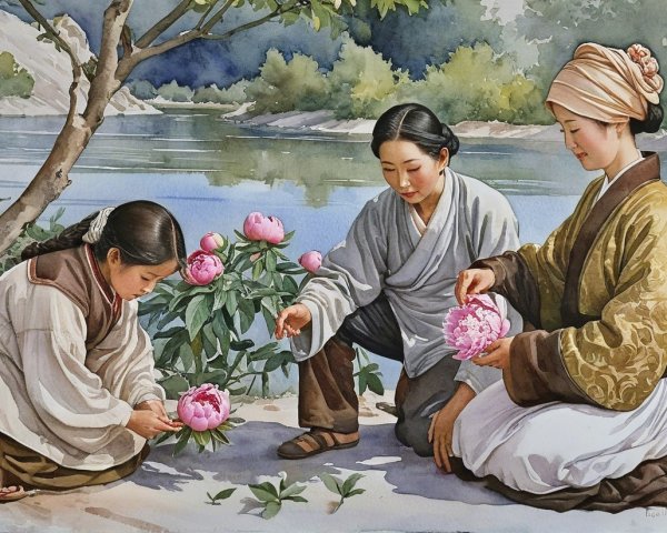 Women in Traditional Attire by a Serene River