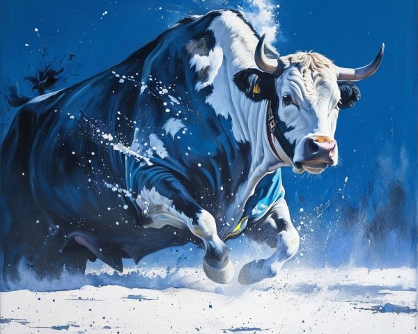 Dynamic Painting of a Galloping Cow in Snowy Landscape