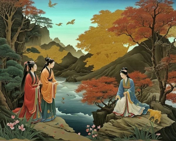 Three Women by a River in Autumn Landscape